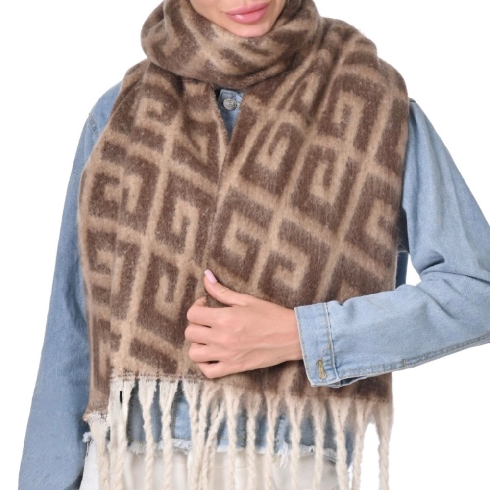 Unisex Khaki, Maze Printed Fringe Scarf